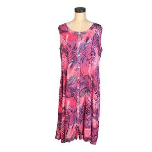 Easy Essentials Pink Purple Tropical Palm Print Rayon Button Front Midi Dress L